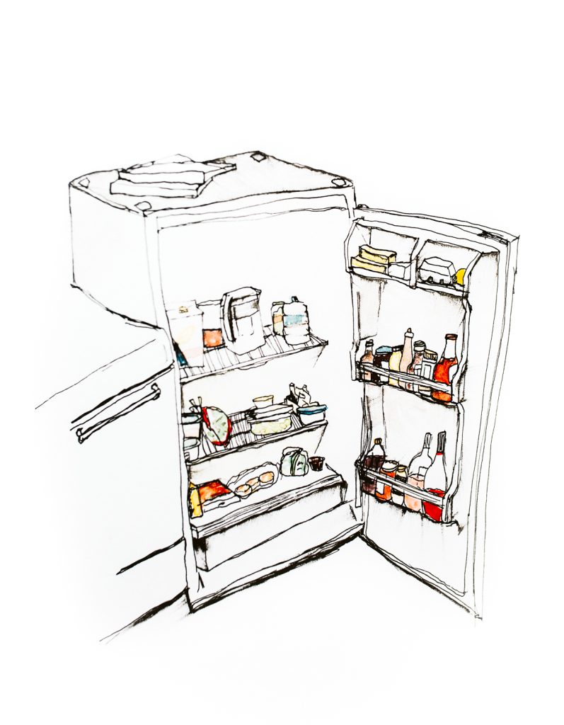 Refrigerator with open door in pen and ink